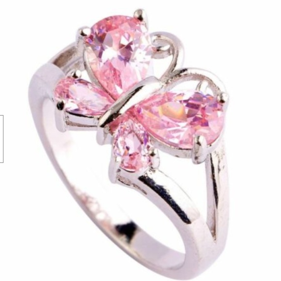 Silver Butterfly Cocktail Ring Size 11 Pink Cubic Zirconia Rhodium Plated - Picture 4 of 7